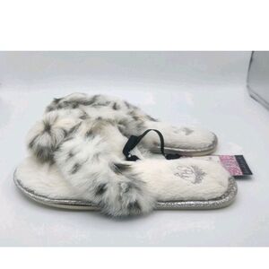 Pretty You London Faux Fur Cream Animal Print Thong Slippers Jodie Size 6.5 7.5